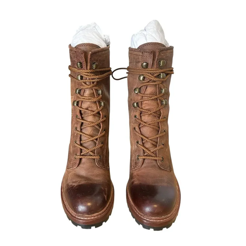 Frye Lucy Brown Leather Lace Up Ankle Boot 9